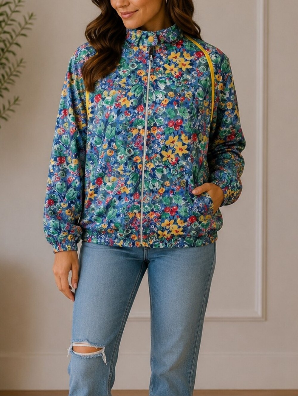 OVERHEAD Vintage Women's Floral Track Jacket Windbreaker Yellow Accent Size M